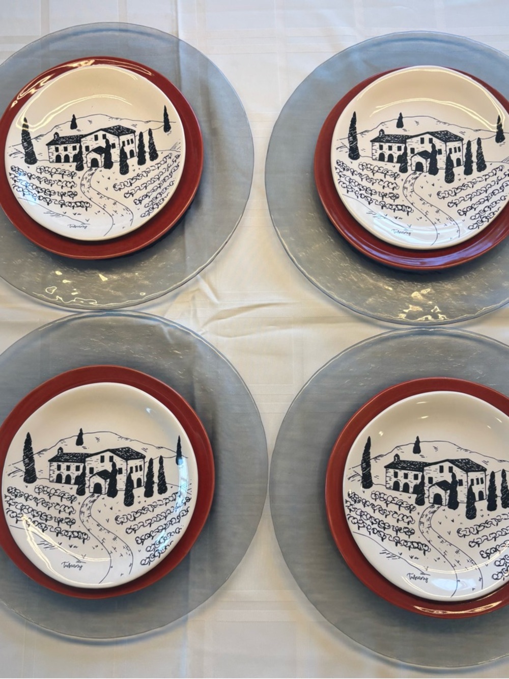 Pier 1 Vineyard Illustration Dinner Plates in White and Red